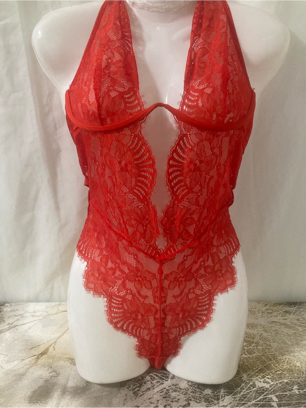 La Senza Red Lace Halter Teddy Bodysuit Plunge Open Front L/G